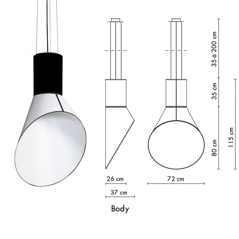 Diagram of a pendant light with dimensions on a white background
