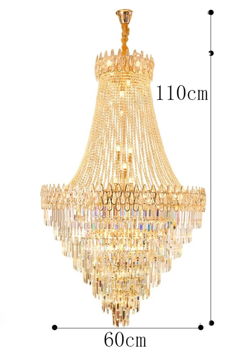 Gold chandelier with measurements on a white background