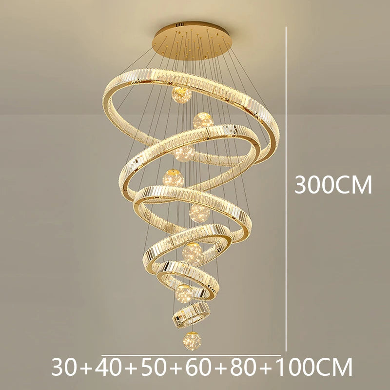 Spiral chandelier with dimensions on a plain background