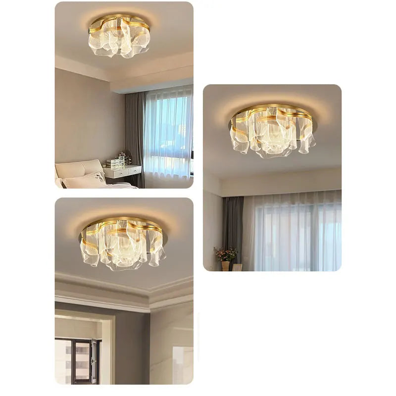 Collage of images showing the gold floral wave LED ceiling light installed in different room settings: bedroom, living room, and hallway.