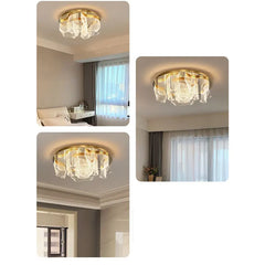 Collage of images showing the gold floral wave LED ceiling light installed in different room settings: bedroom, living room, and hallway.