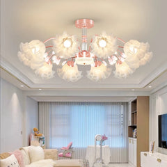 Interior view of a living room featuring a gold floral semi-flush mount chandelier.