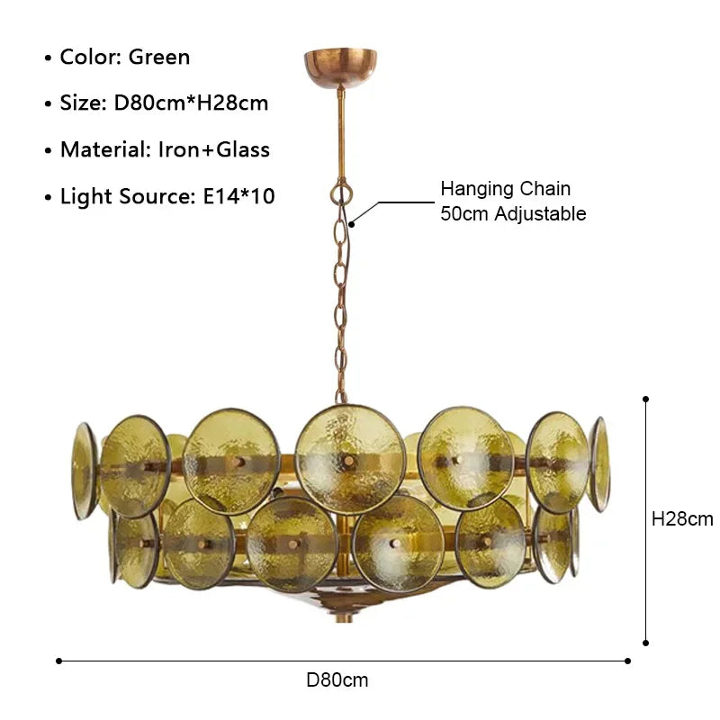 Chandelier with green glass shades and brass accents, labeled with dimensions and material details.