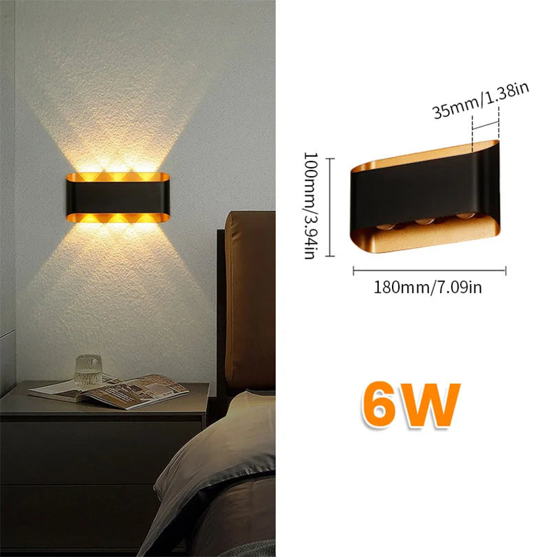 Wall-mounted light fixture with dimensions and wattage information on a bedroom wall.