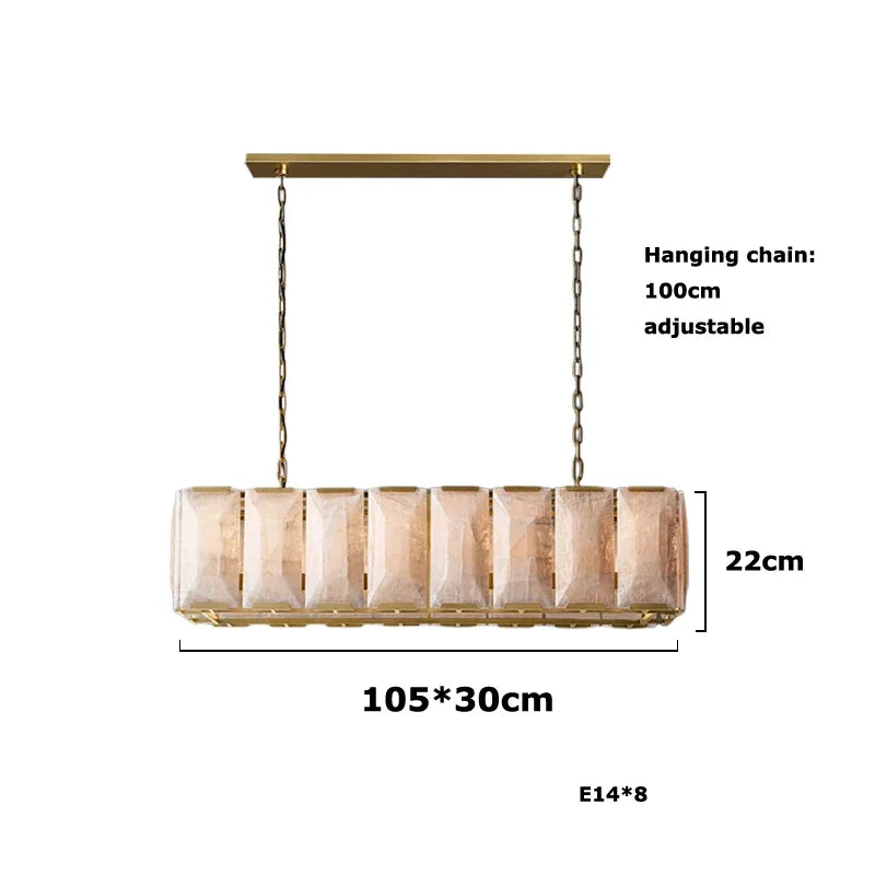 Rectangular pendant light with dimensions and hanging chain information on a white background