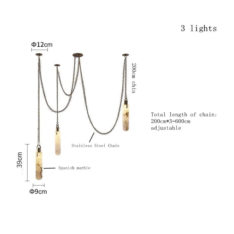 Measurement chart of a pendant light fixture with chain and marble elements.