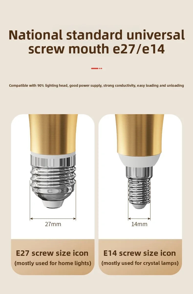 Two LED light bulbs with screw thread sizes E27 and E14 on a beige background.