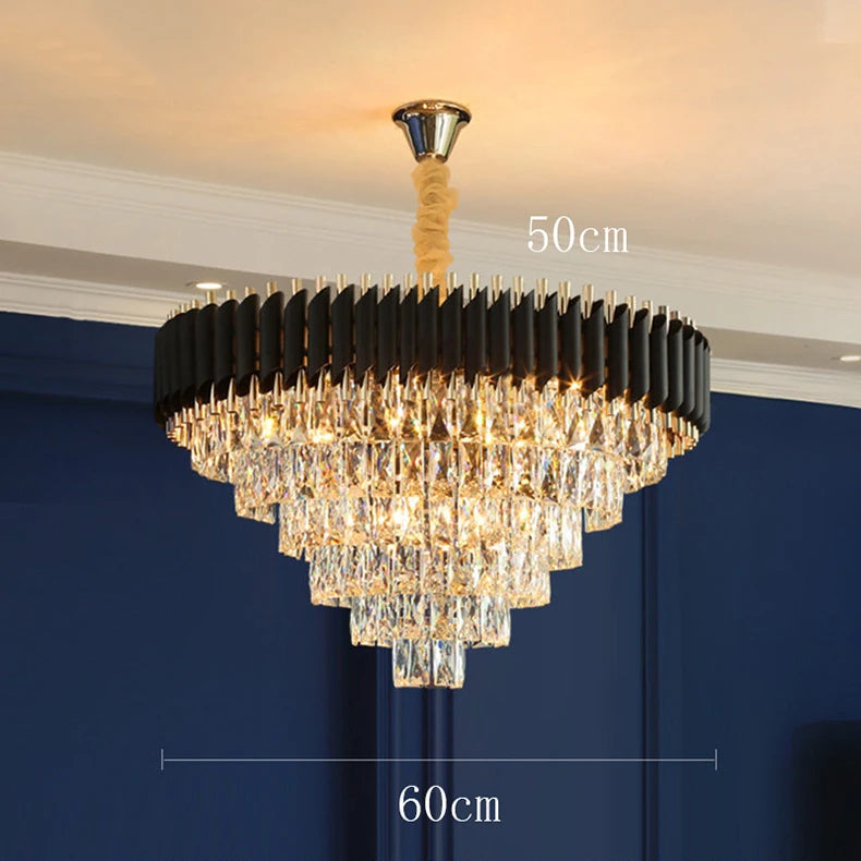 Chandelier with dimensions labeled against a blue wall