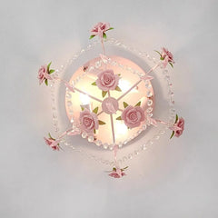 Overhead view of a floral-themed semi-flush ceiling light featuring pink roses and a circular arrangement of crystal beads.