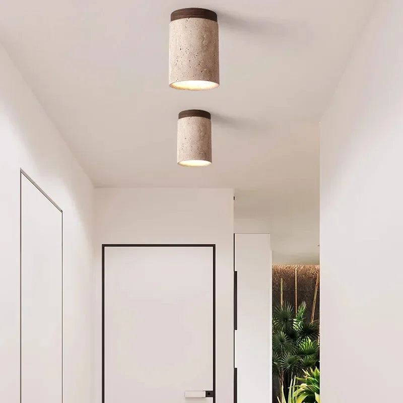 Two stone texture pendant lights with wood tops installed on a ceiling in a hallway with doorways and plants visible.