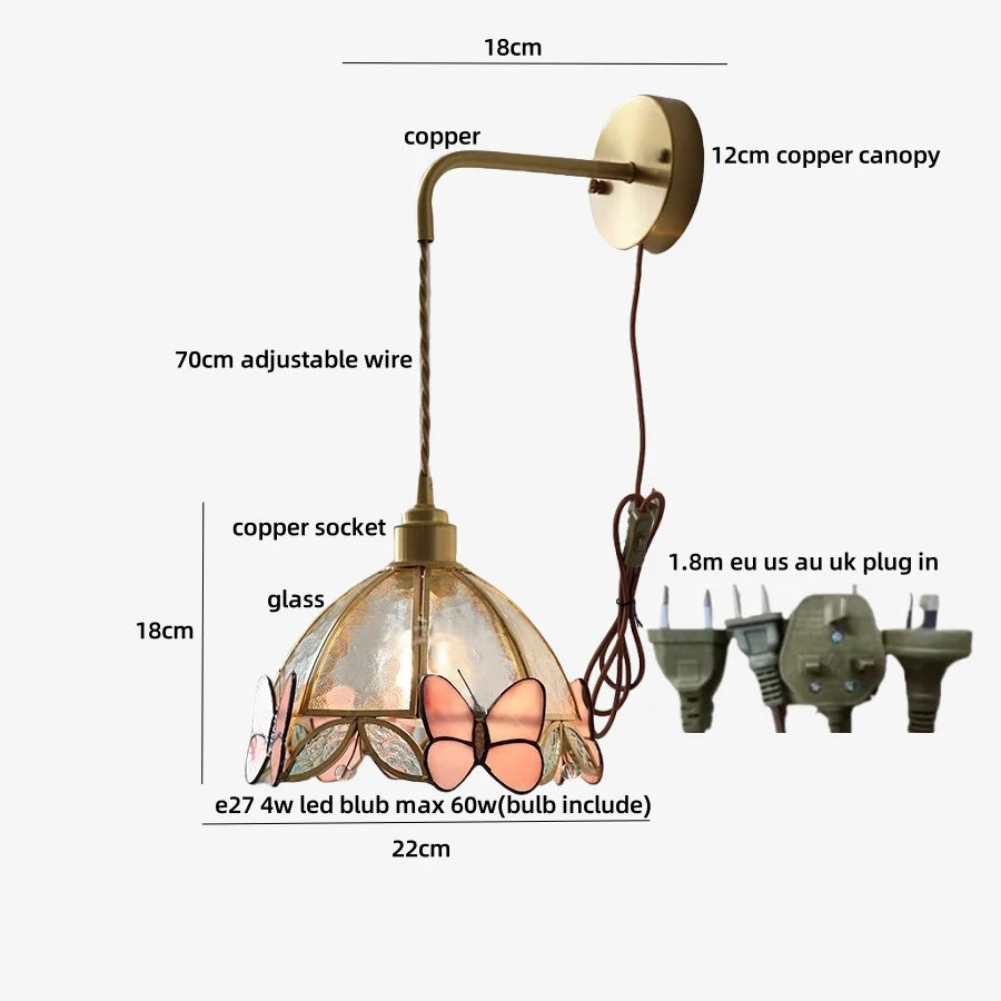 Pendant light with butterfly design, labeled dimensions and plug types on a white background