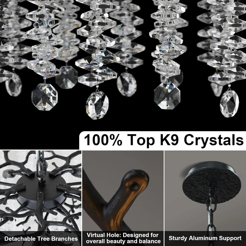 Crystal chandelier with detachable tree branches, virtual hole, and sturdy aluminum support on a black background.