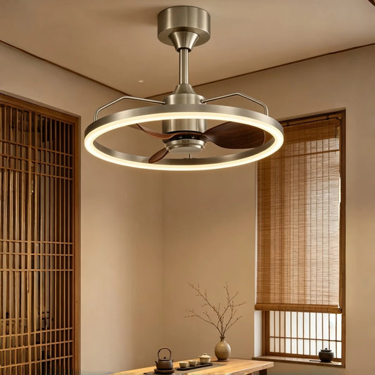 Brushed nickel ring ceiling fan light with LED illumination suspended from a ceiling in a room with wooden accents.