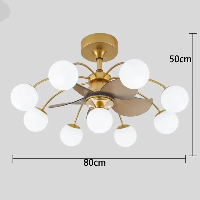 Ceiling fan with light fixtures and dimensions on a gray background
