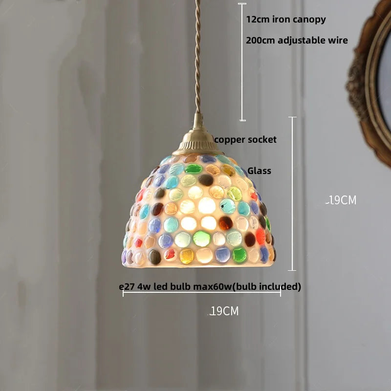 Colorful pendant light with dimensions and bulb information on a gray background