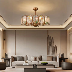 Copper Floral Acrylic Semi-Flush Chandelier with Frosted Glass Shades