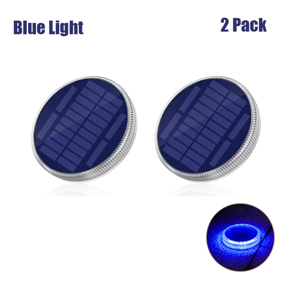 Two blue light solar panels with a close-up of one glowing blue on a white background.