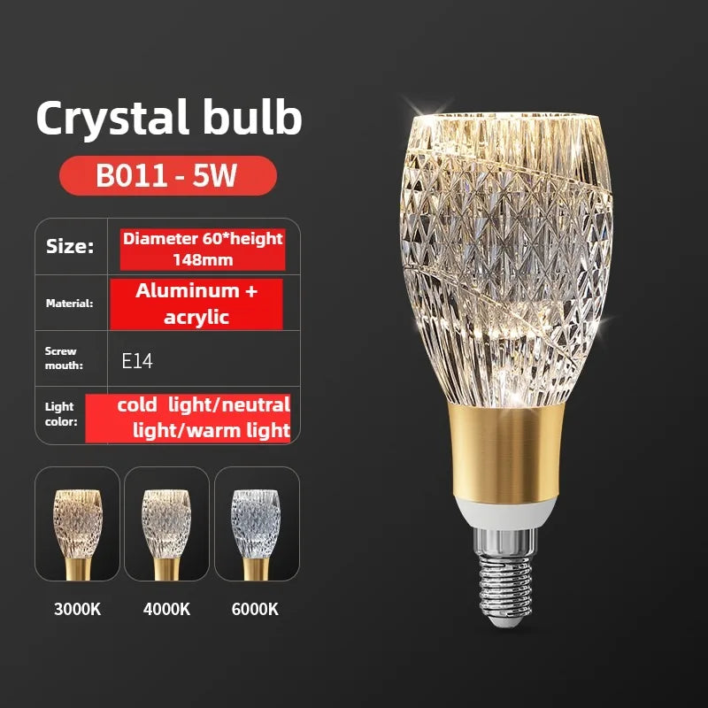 Crystal light bulb with specifications on a dark background