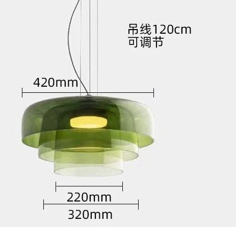 Green pendant light with dimensions and features on a white background