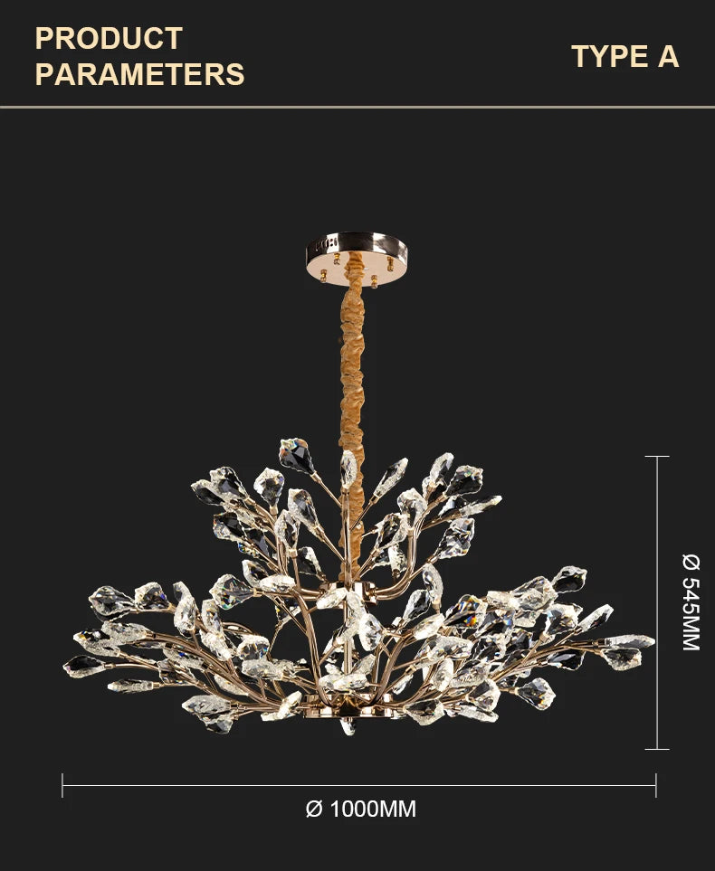 Chandelier with dimensions on a black background