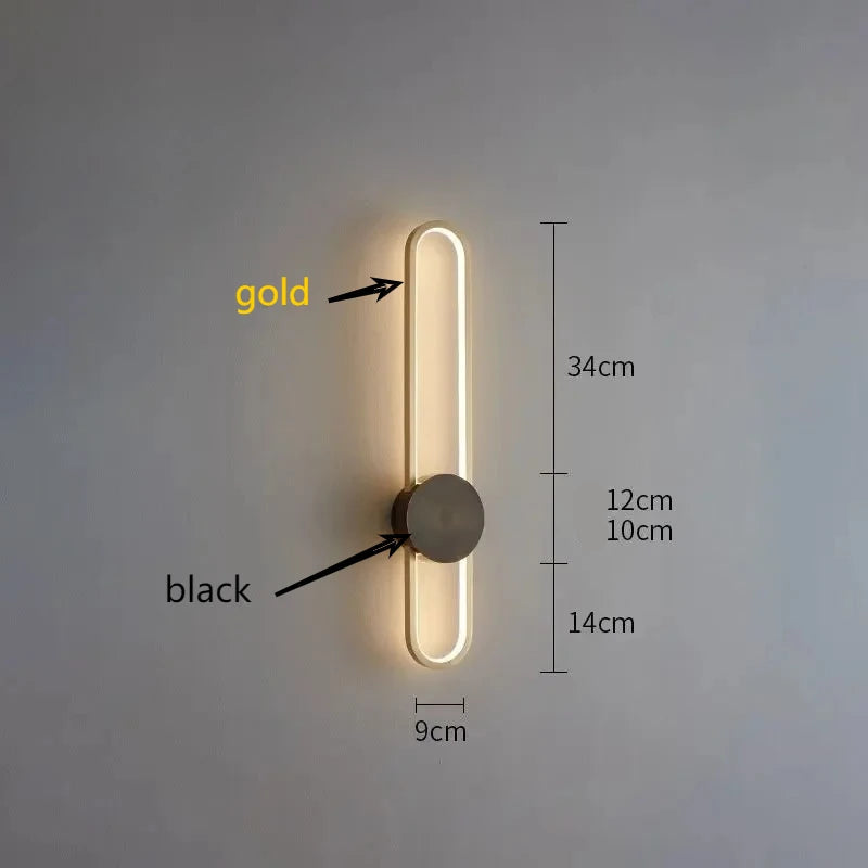 Wall lamp with gold and black options, dimensions labeled on a gray wall.