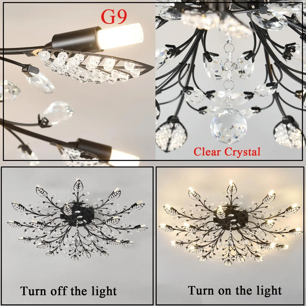 Chandelier with clear crystal elements shown in various lighting conditions.