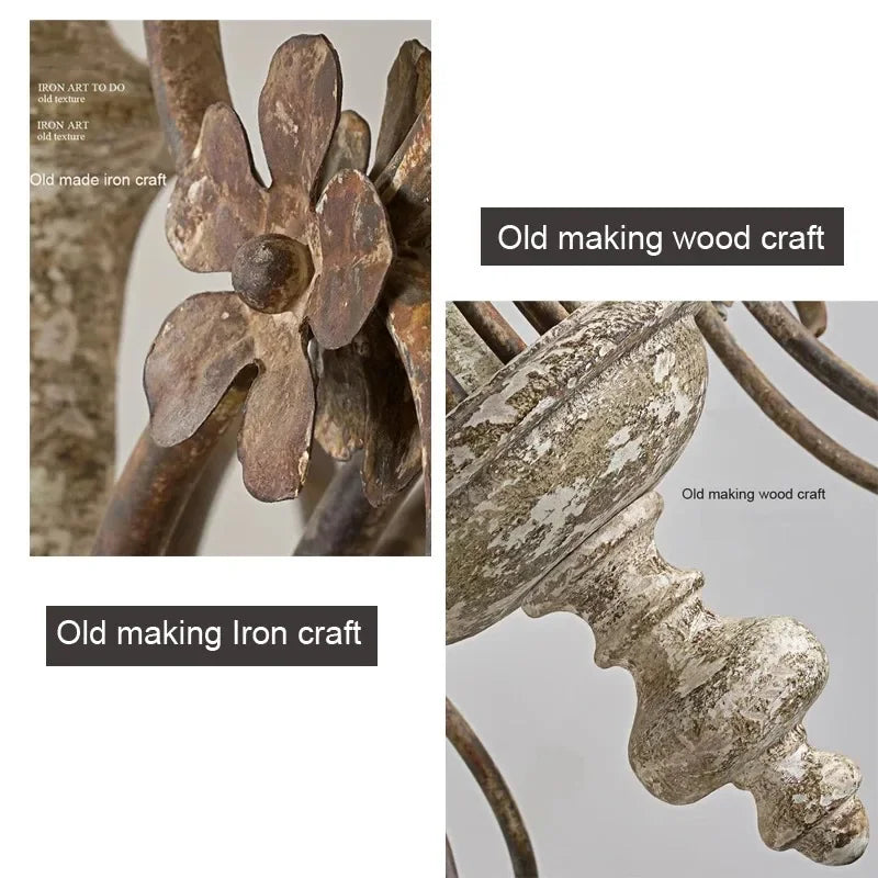 Detailed shots highlighting the old-world craftsmanship of the metal floral accents and the distressed wood texture on the chandelier