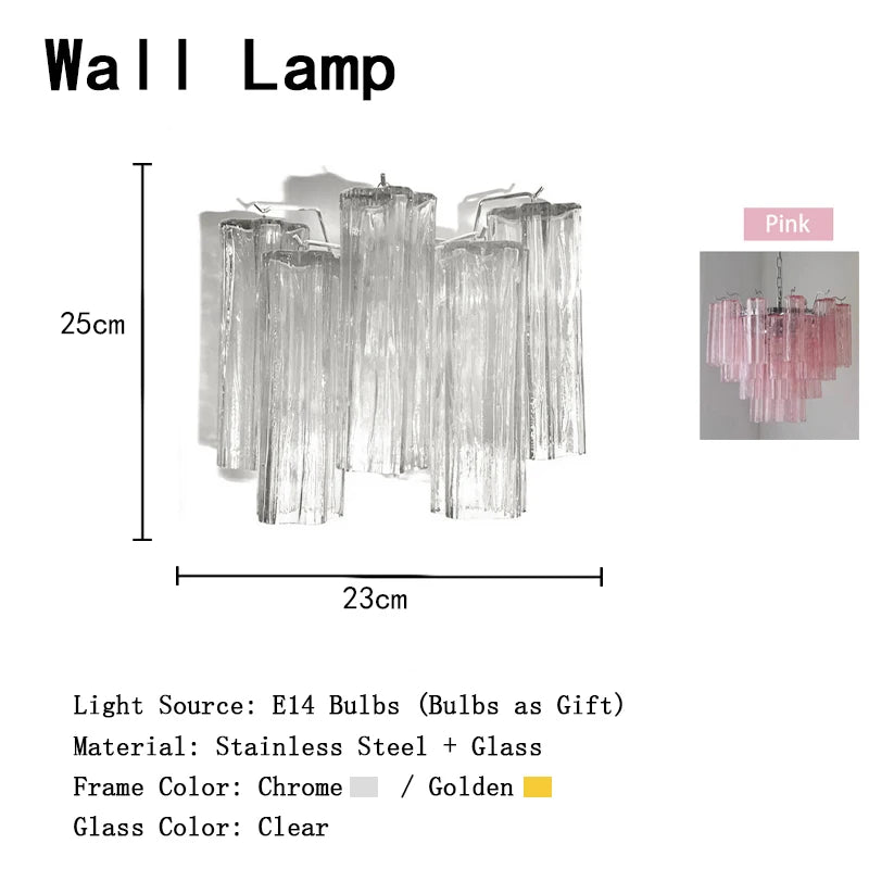 Wall lamp with dimensions and material details on a white background