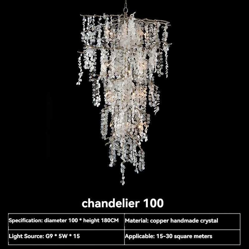 Crystal chandelier with specifications on a black background