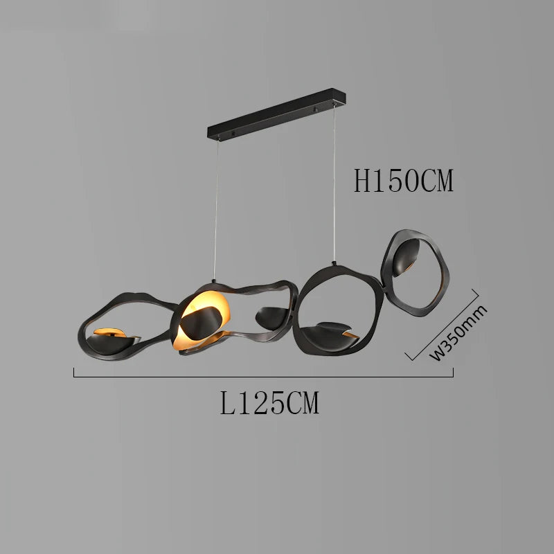 Modern chandelier with dimensions on a gray background