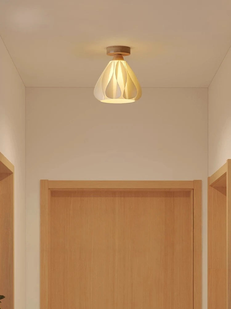 Ceiling light fixture in a room with wooden doors and beige walls