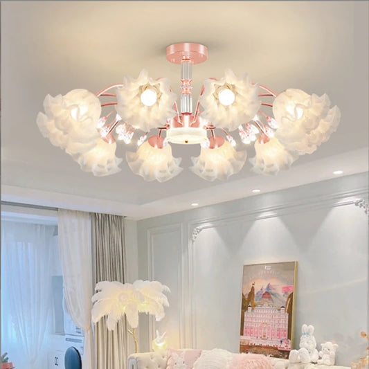 Close-up of the gold floral semi-flush mount chandelier, showcasing the petal-like diffusers.