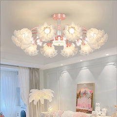 Close-up of the gold floral semi-flush mount chandelier, showcasing the petal-like diffusers.