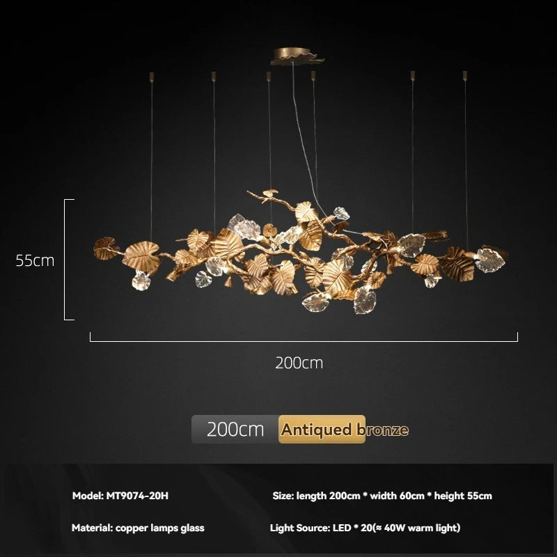 Gold leaf chandelier with dimensions and material details on a black background