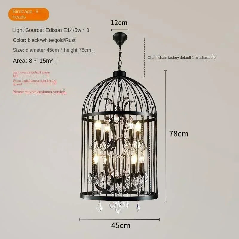 Chandelier with birdcage design and dimensions on a gray background