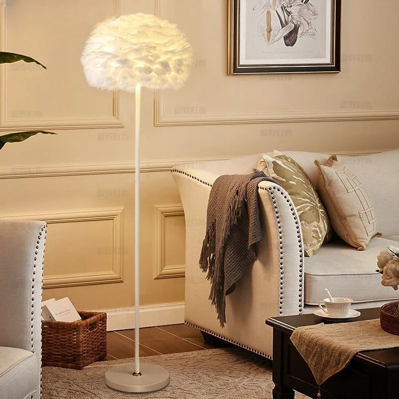 Living room with a floor lamp, sofa, and decorative items.