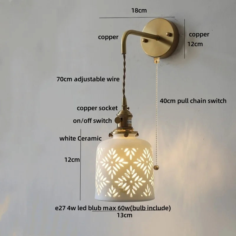Wall-mounted lamp with labeled parts and dimensions on a light gray background
