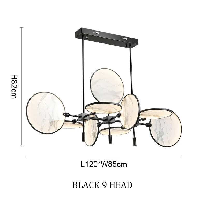 Modern chandelier with black frame and white glass shades, featuring dimensions on a white background.