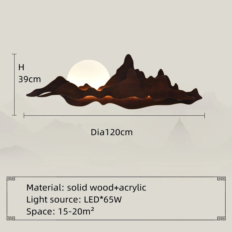 Decorative wall light with mountain design and dimensions on a beige background
