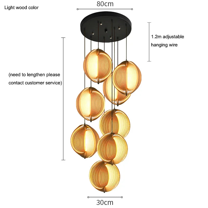 Chandelier with light wood color and adjustable hanging wire, dimensions shown.