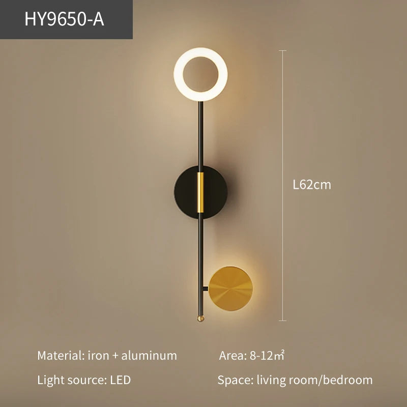 Modern wall light fixture with dimensions and material details on a beige wall.