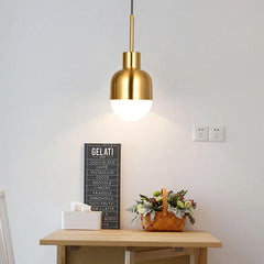 A gold metal dome pendant light above a wooden table with a basket of flowers and tissue box.