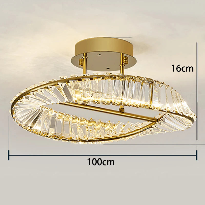 Gold ceiling light fixture with crystal design, shown with dimensions on a white background.