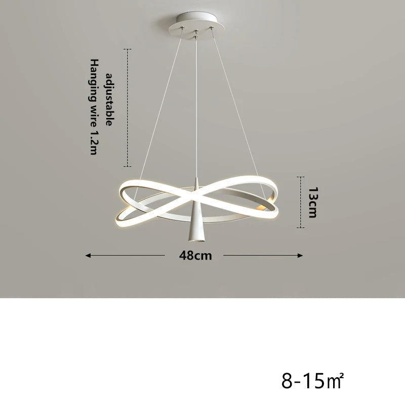 Modern pendant light with dimensions and specifications on a gray background