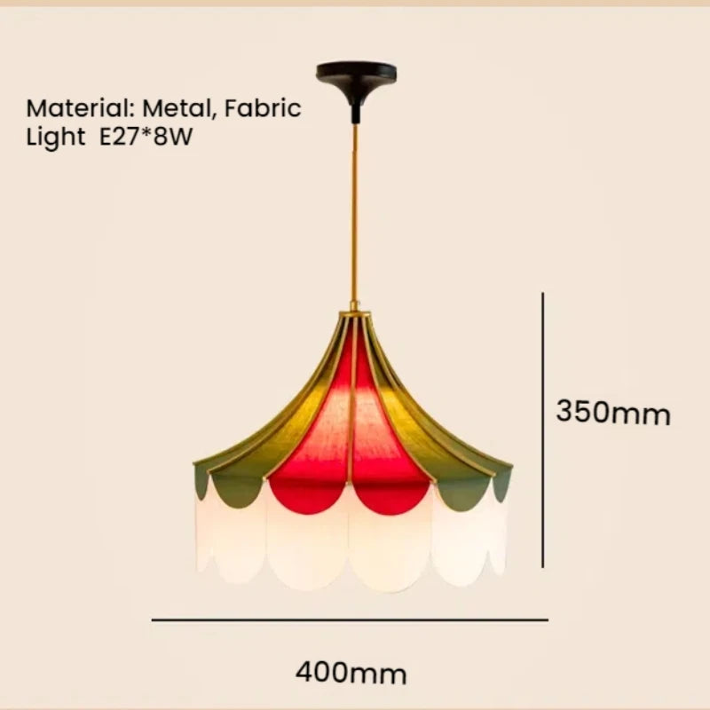 Colorful pendant light with dimensions on a beige background