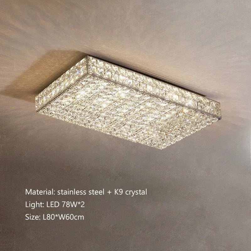 Square ceiling light fixture with crystal details on a neutral wall background