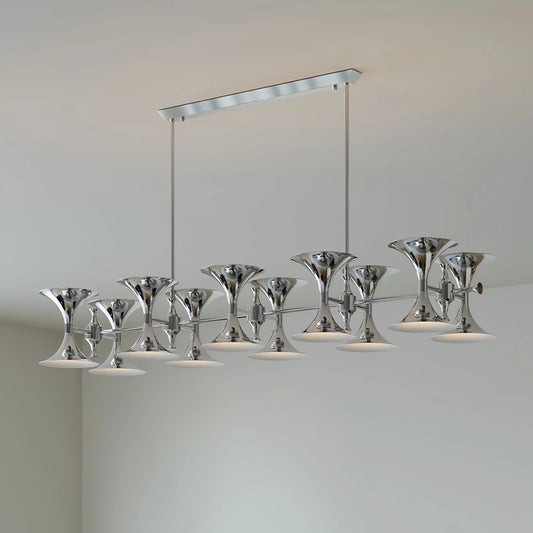 Close-up of the chrome chandelier's horn-shaped shades and polished finish