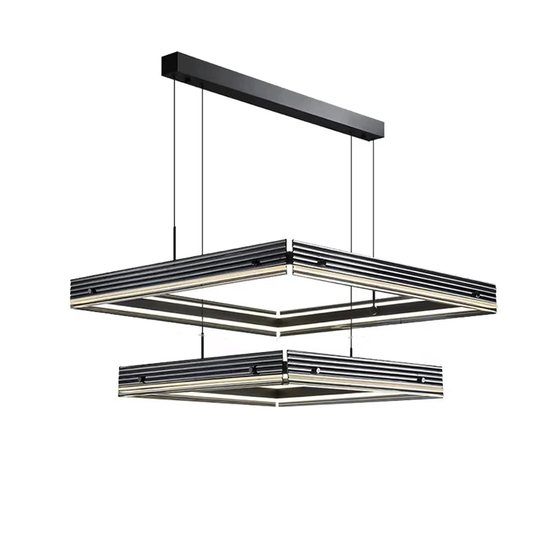 Modern pendant light with geometric design on a white background