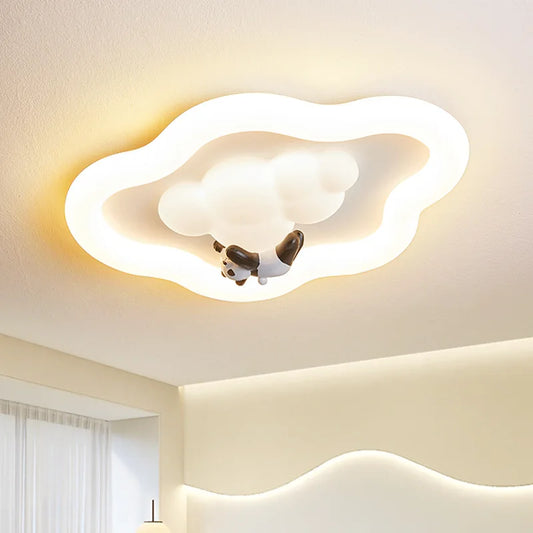 Close-up of a white cloud-shaped flush mount LED ceiling light with a cartoon animal.
