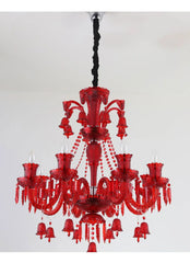 Red crystal tiered candelabra chandelier with multiple light arms and hanging crystal droplets.